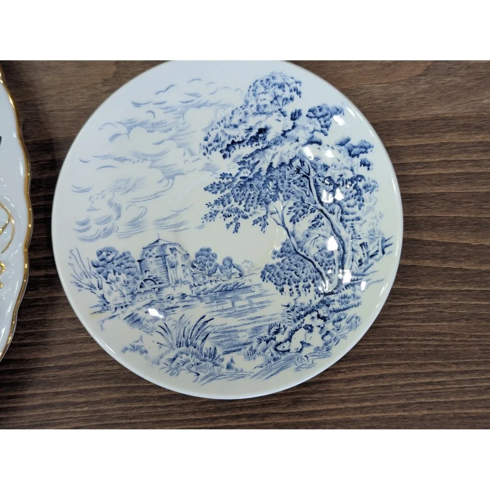 Vintage Blue White Transferware Plate Wall Gallery Set 8pc Mixed Sizes Cobalt